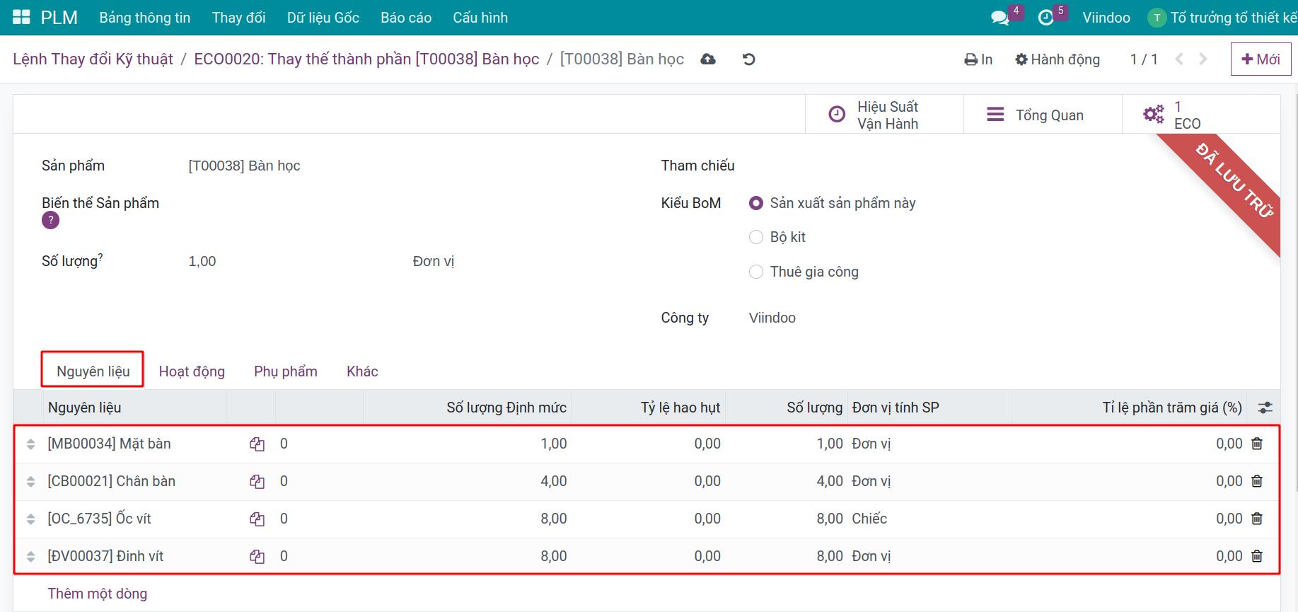 Sửa thành phần trong BOM