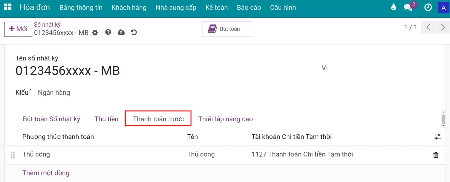 Cấu hình tab thanh toán chi tiền trên sổ nhật ký ngân hàng - Phần mềm kế toán Viindoo