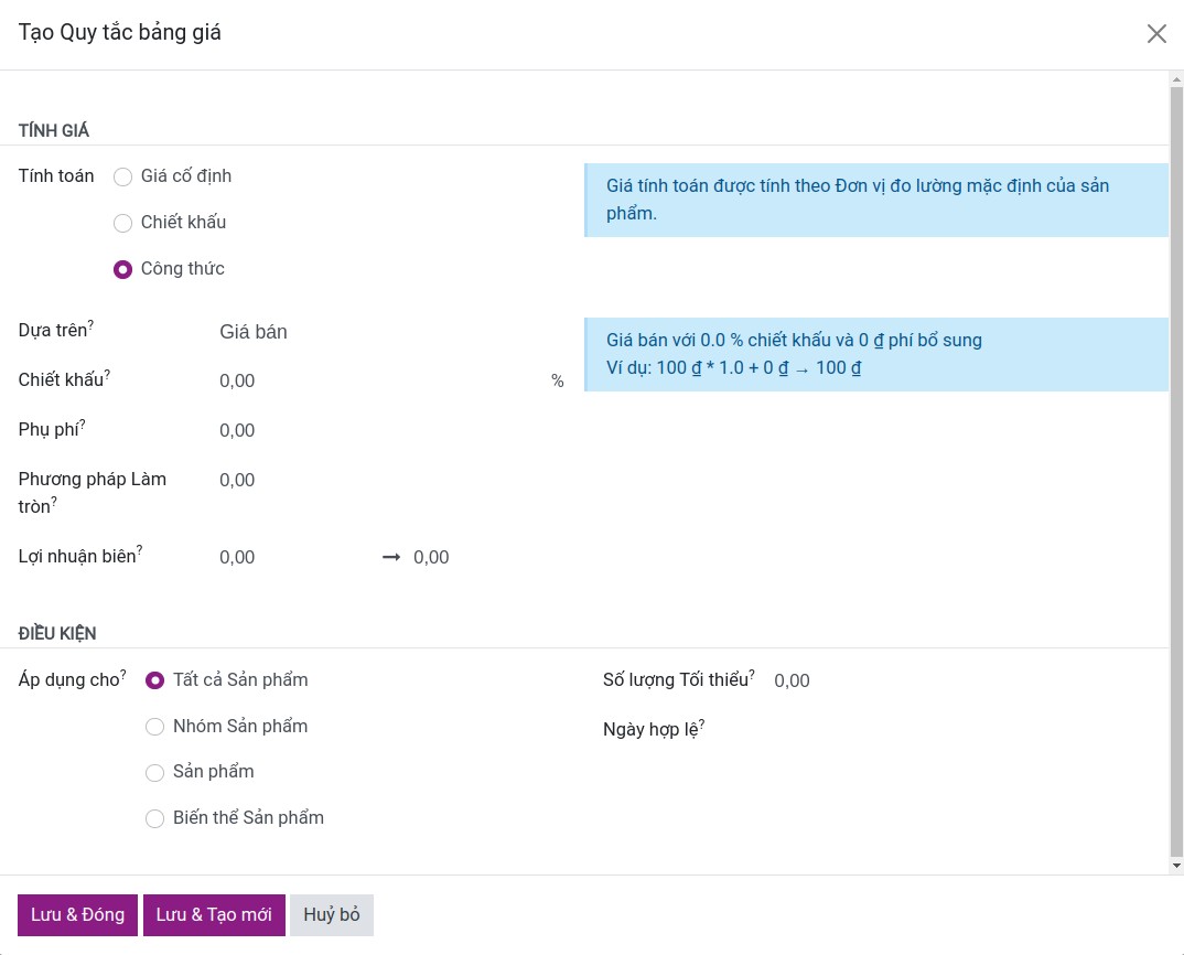 Tạo quy tắc giá với công thức