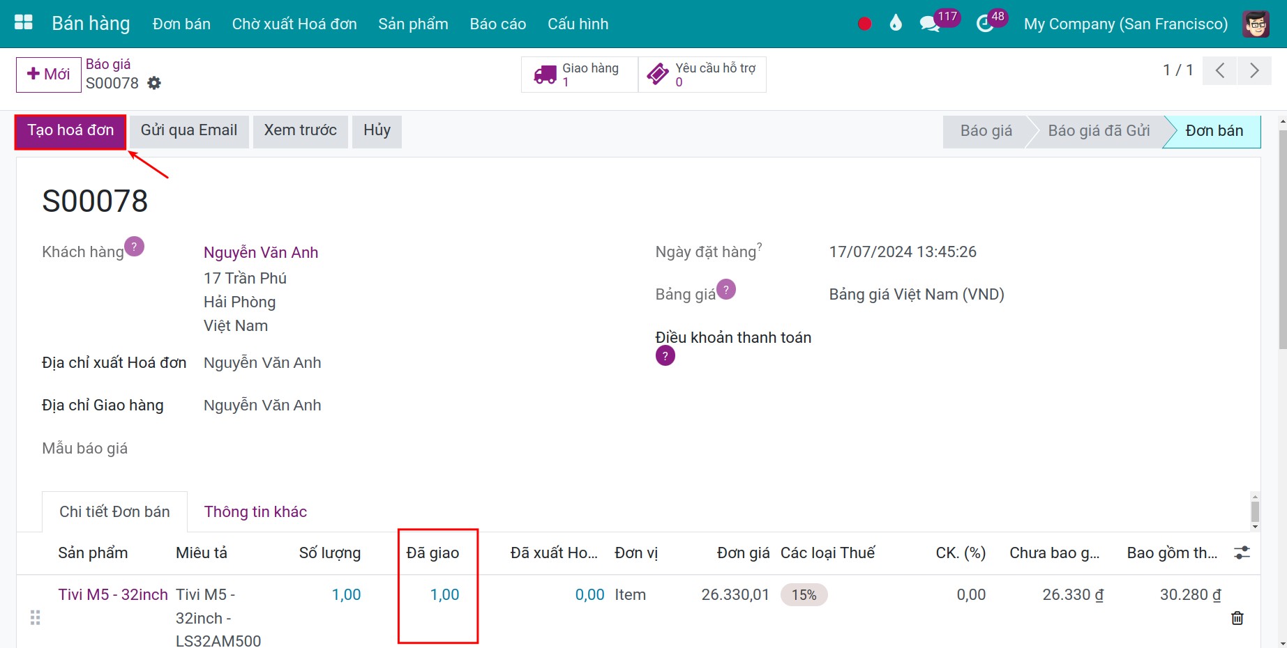 Tạo hóa đơn theo số lượng đã giao Invoice Viindoo
