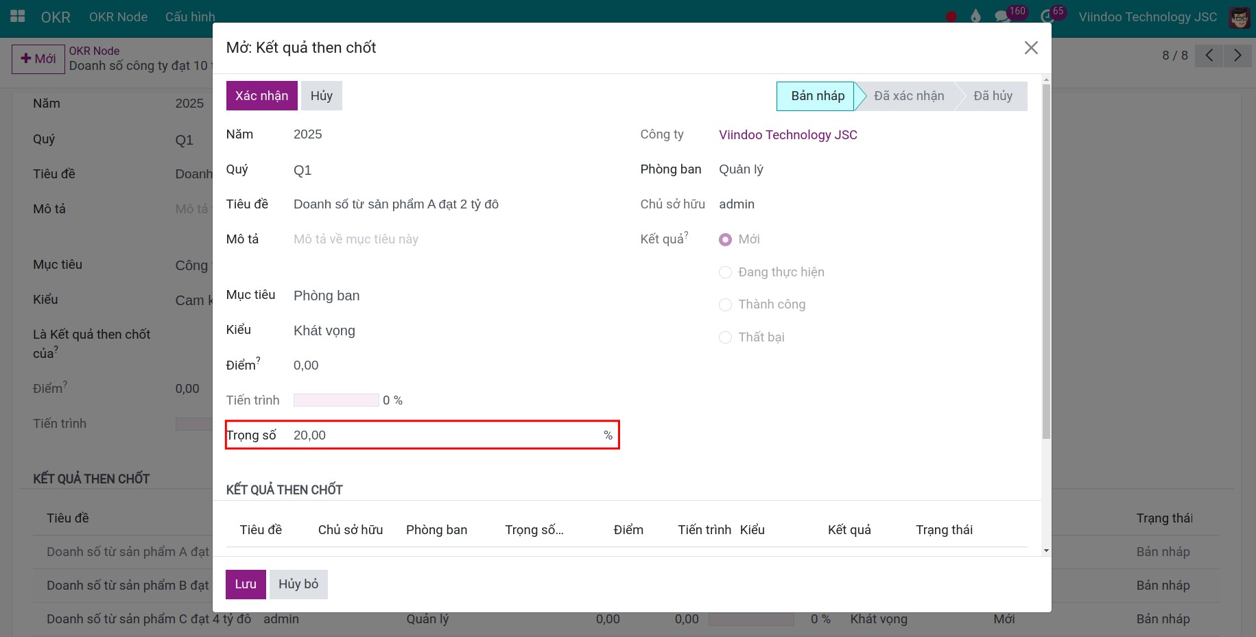 Thiết lập trọng số trong Viindoo OKR