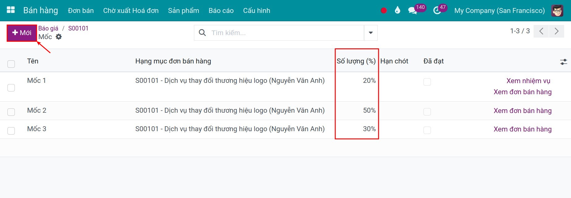 Tạo một đơn bán có chứa sản phẩm xuất hóa đơn dựa trên mốc trong Viindoo