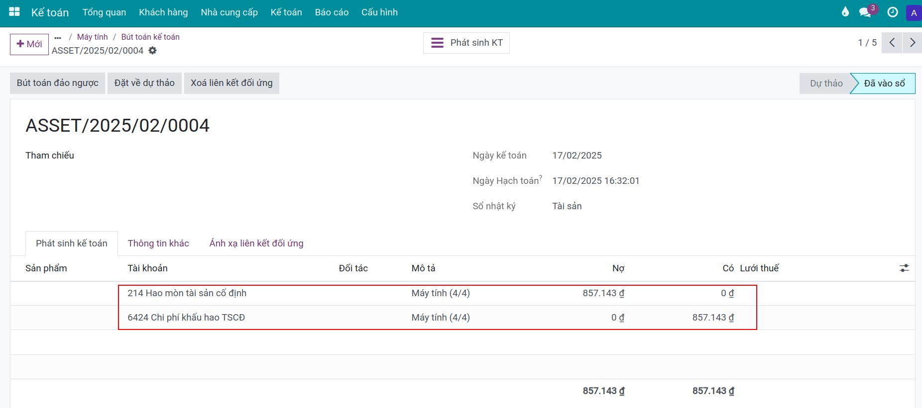 Bút toán điều chỉnh giá trị khấu hao Tài sản