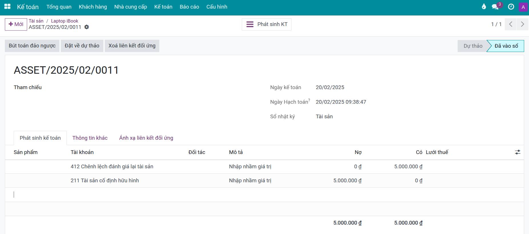 Bút toán kế toán hạch toán tài sản được đánh giá lại