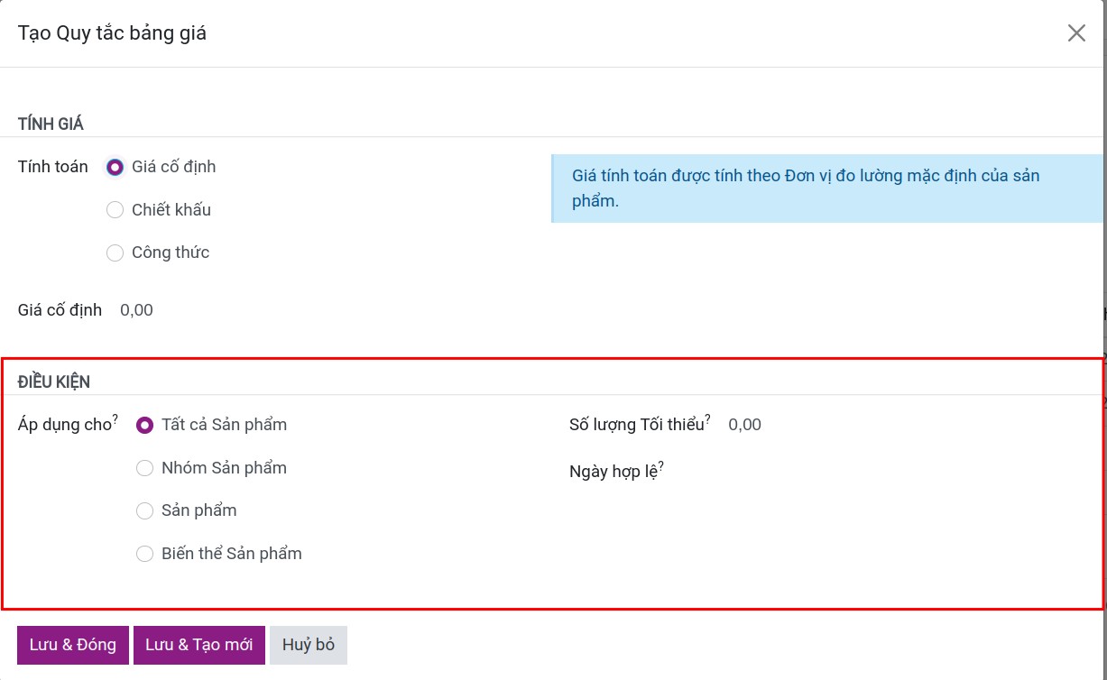 Giao diện thiết lập công thức tính giá