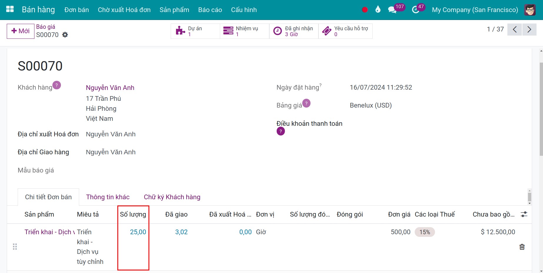 Tổng hợp số giờ trên dòng chi tiết của đơn bán Viindoo