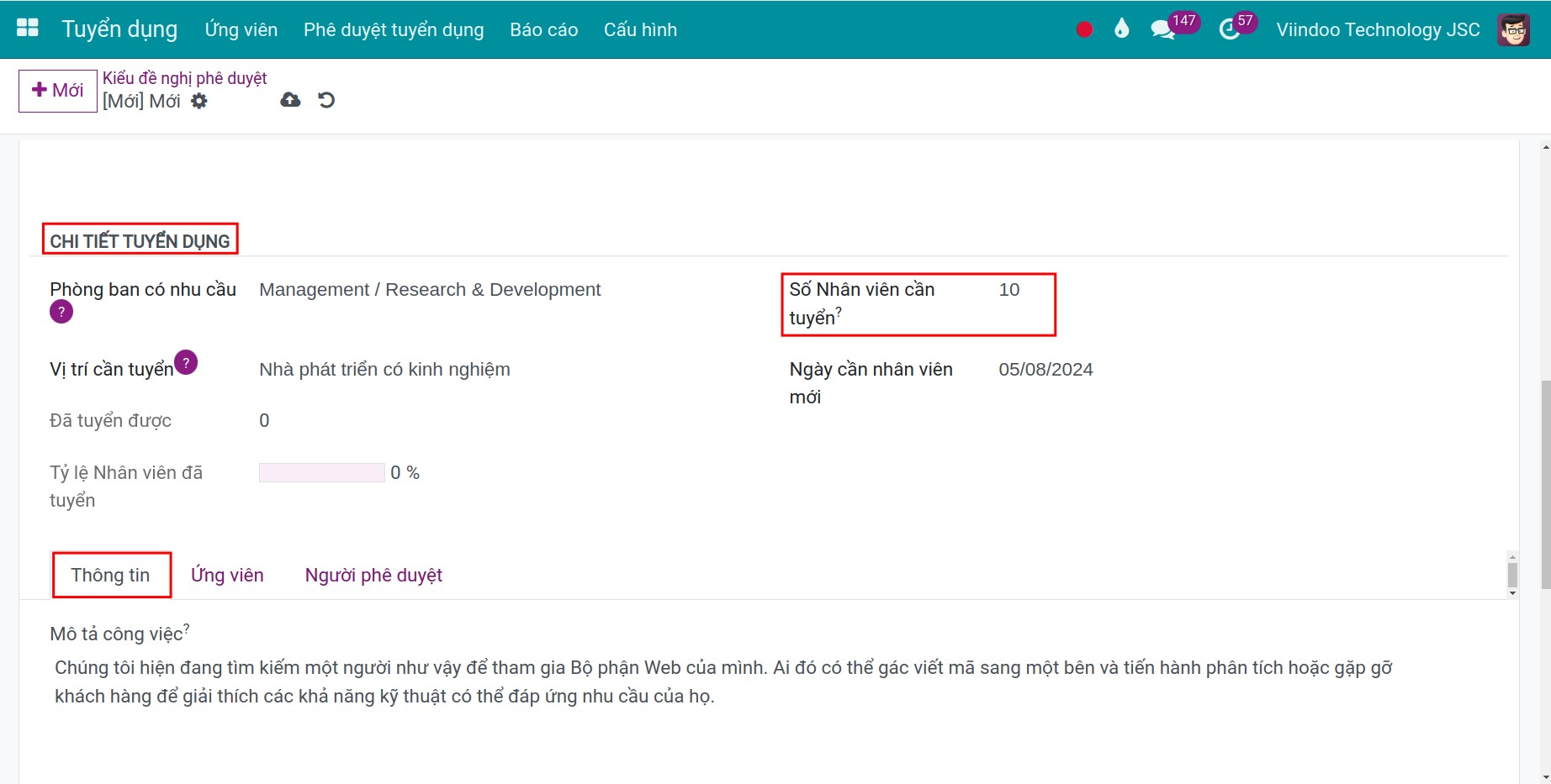 Giao diện Tạo đề nghị phê duyệt và tab Thông tin
