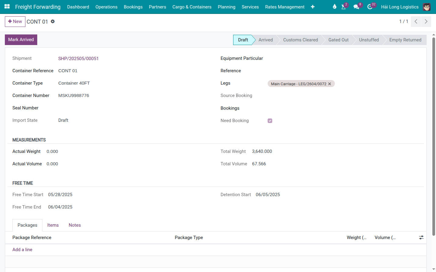 Import container in initial state ready to mark Arrived.