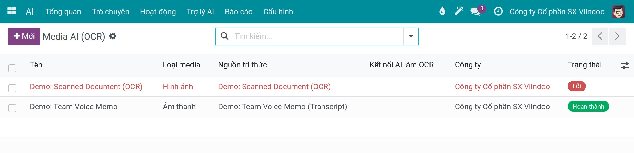 Danh sách media AI đã đọc với loại, nguồn và trạng thái