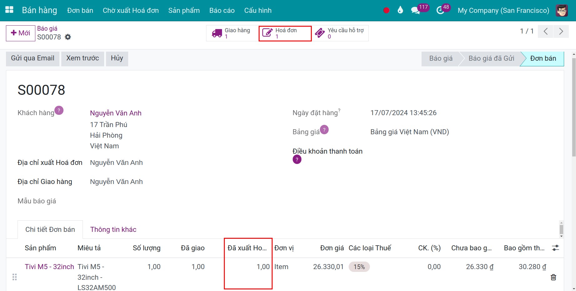 Số lượng đã lập hóa đơn Viindoo