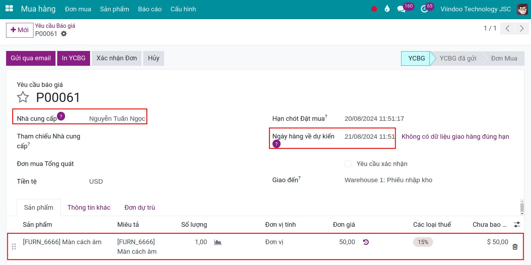 Giá mua theo nhà cung cấp trong RFQ - Viindoo