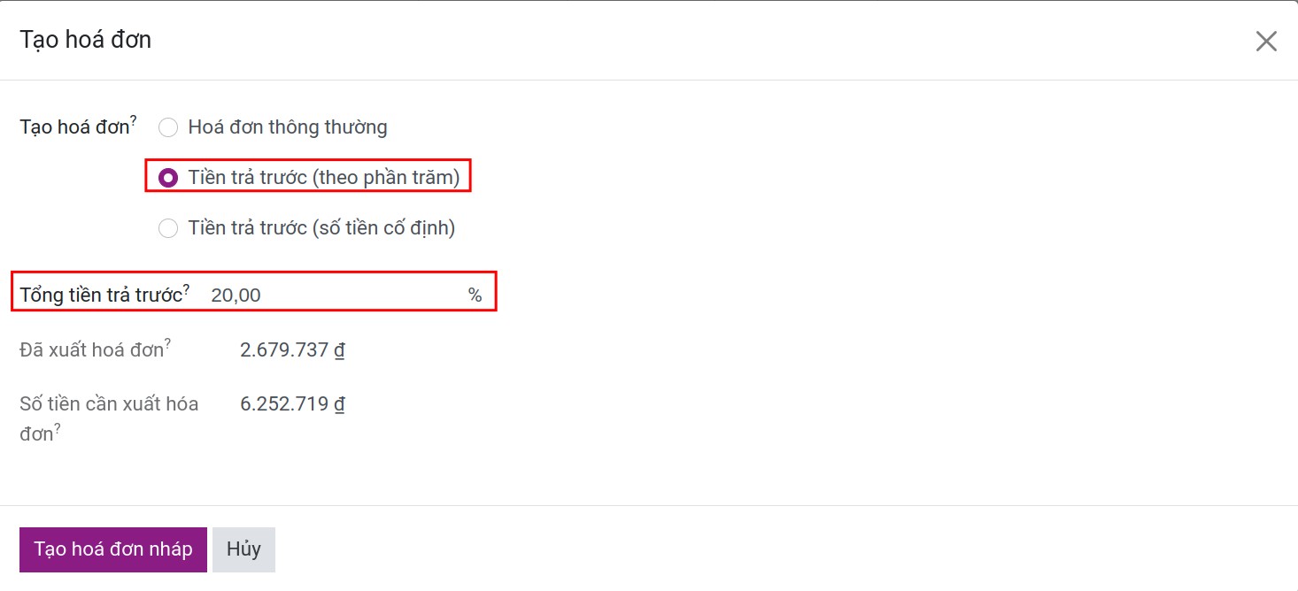 Tạo hóa đơn ghi nhận khoản tiền trả trước