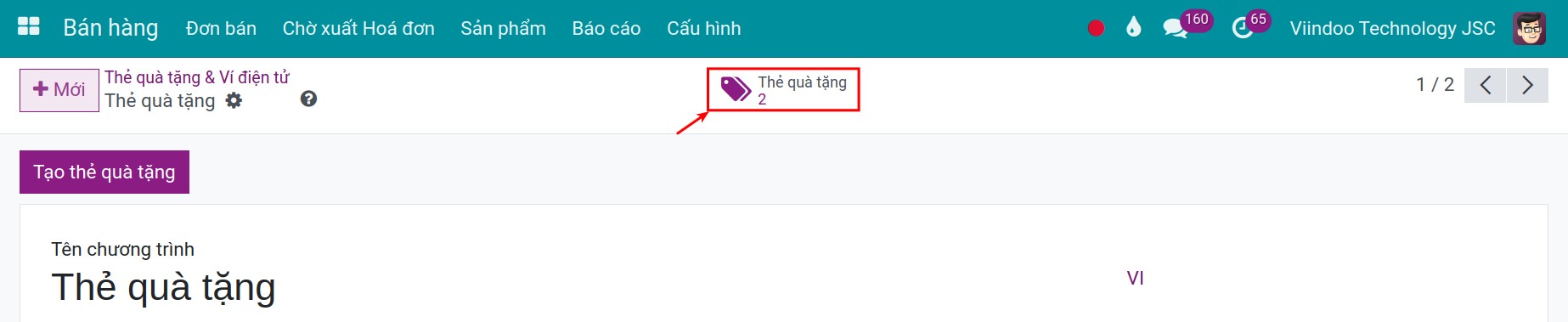 Xem các thẻ quà tặng đã tạo trong Viindoo