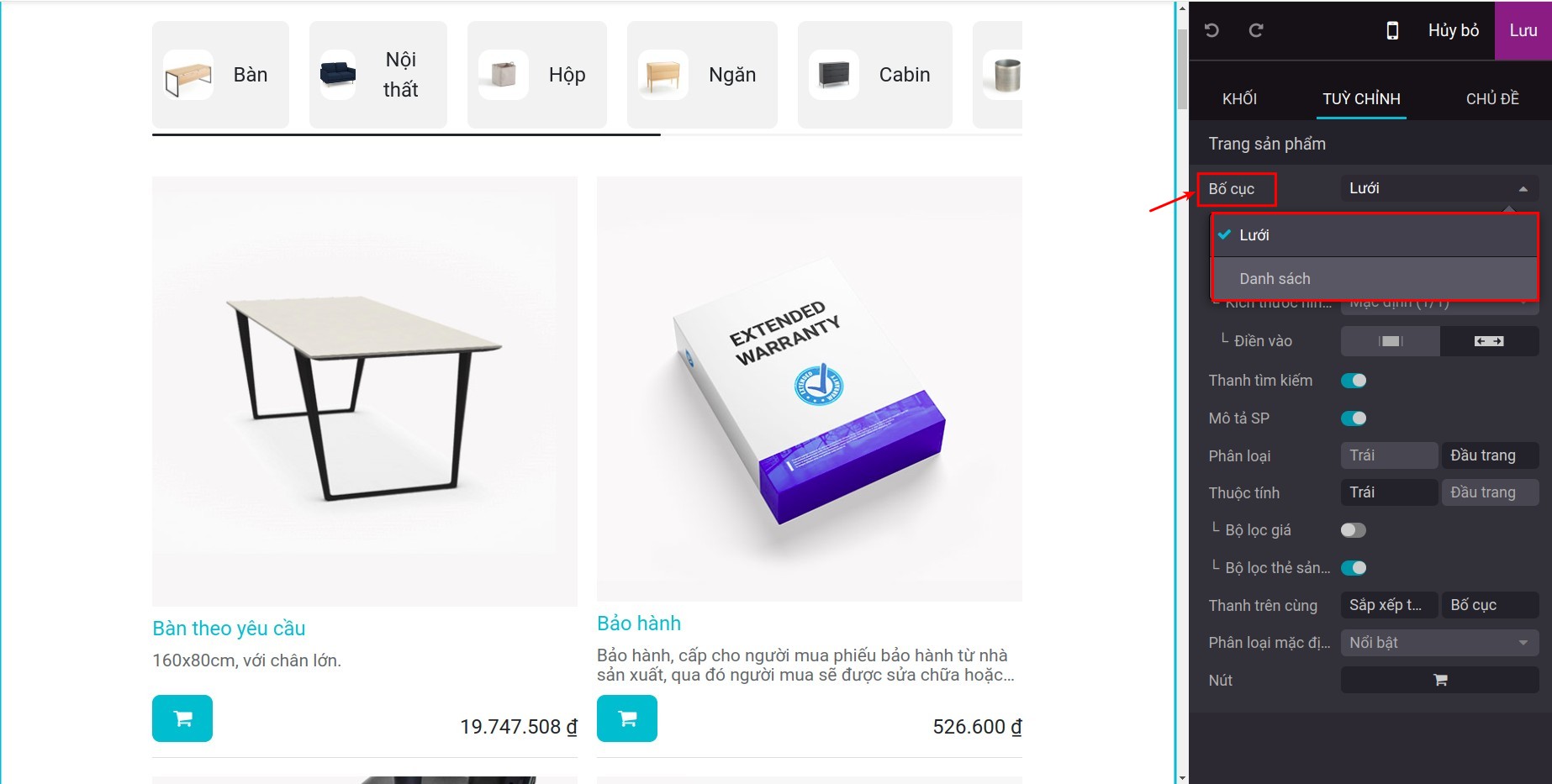 Tính năng hiển thị nút lưới, danh sách