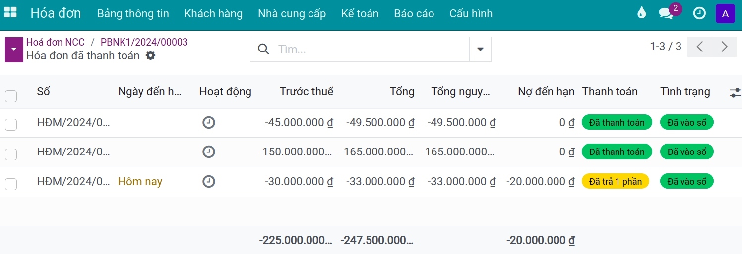 Hiển thị tình trạng thanh toán của hóa đơn