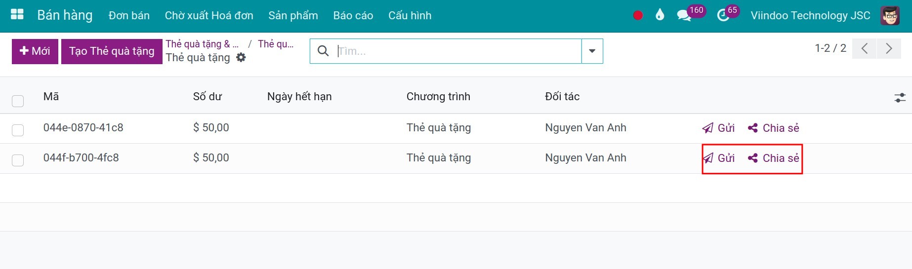 Gửi thẻ quà tặng cho khách hàng trong phần mềm Viindoo