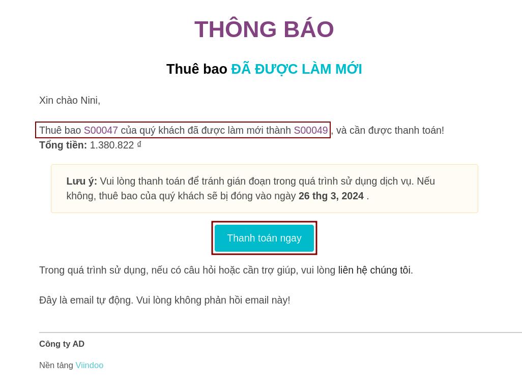Thông báo về đơn hàng mới và cần thanh toán