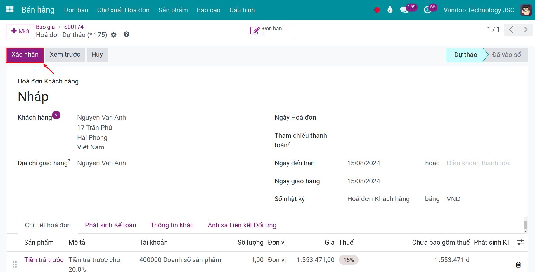 hiển thị thanh toán trả trước trên đơn bán
