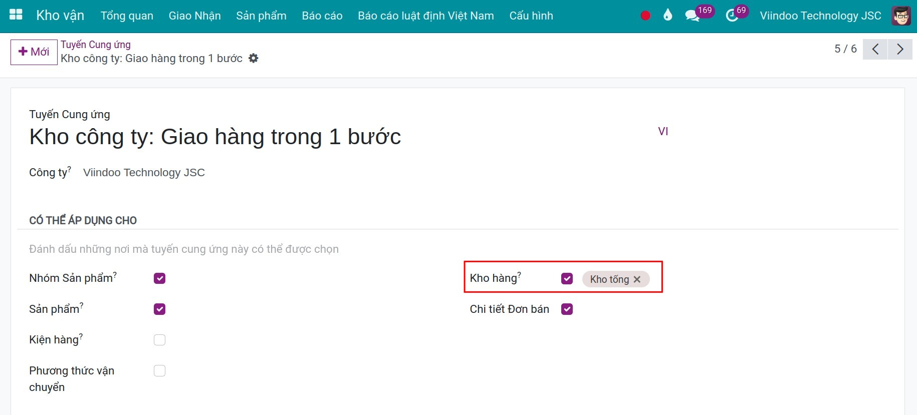 cấu hình tuyến trên kho hàng Kho vận Viindoo