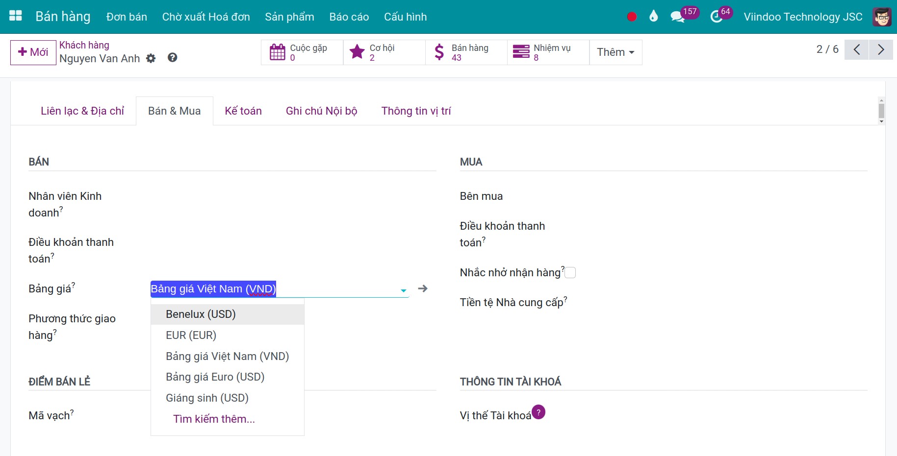 Chọn bảng giá mặc định cho khách hàng