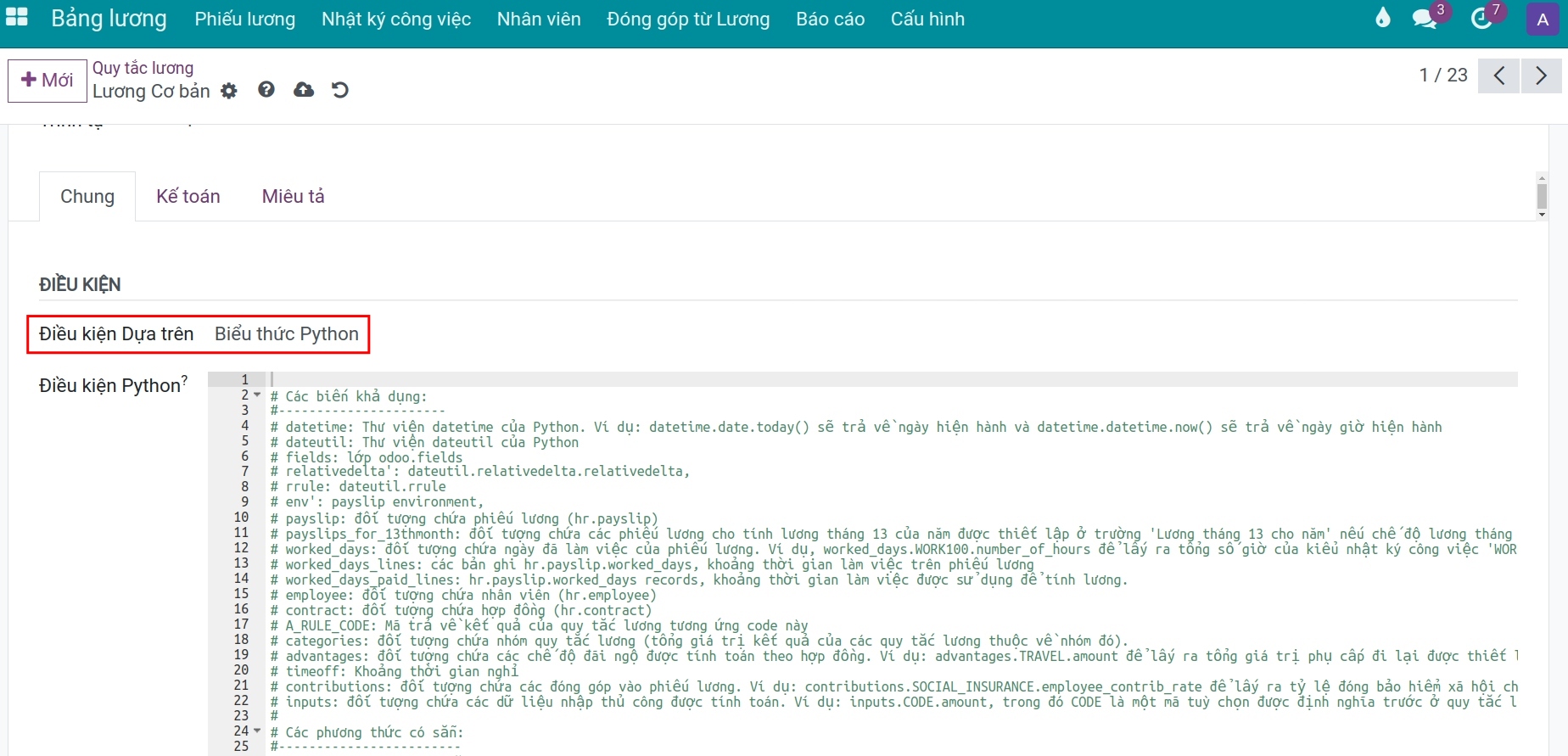 Kiểu điều kiện tính toán Biểu thức Python Quy tắc lương Bảng lương Viindoo