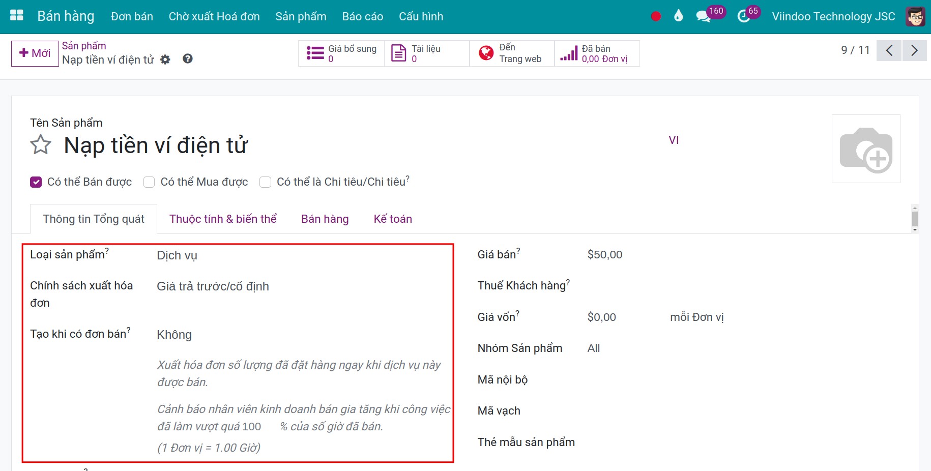 Tạo sản phẩm nạp tiền ví điện tử trong phần mềm Viindoo
