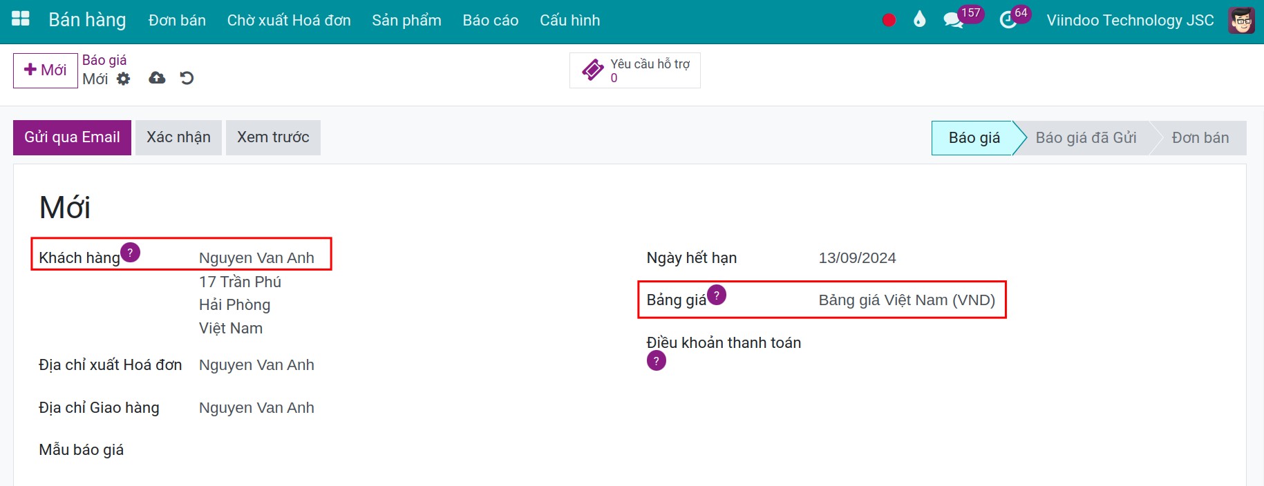 Bảng giá tự động hiển thị theo khách hàng