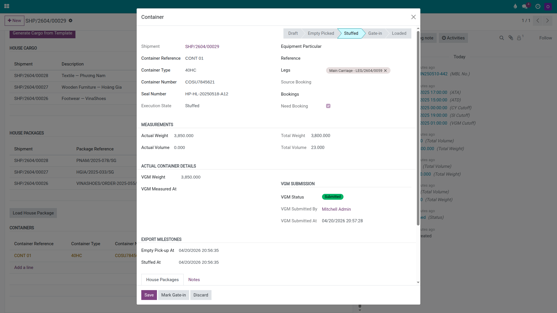 Container COSU7845621 with VGM Status Submitted after submitting VGM before the cutoff.