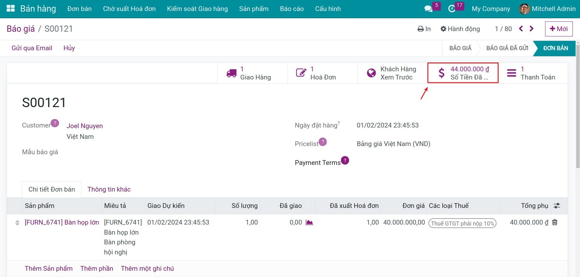 Thông tin thanh toán liên kết đơn bán - Viindoo