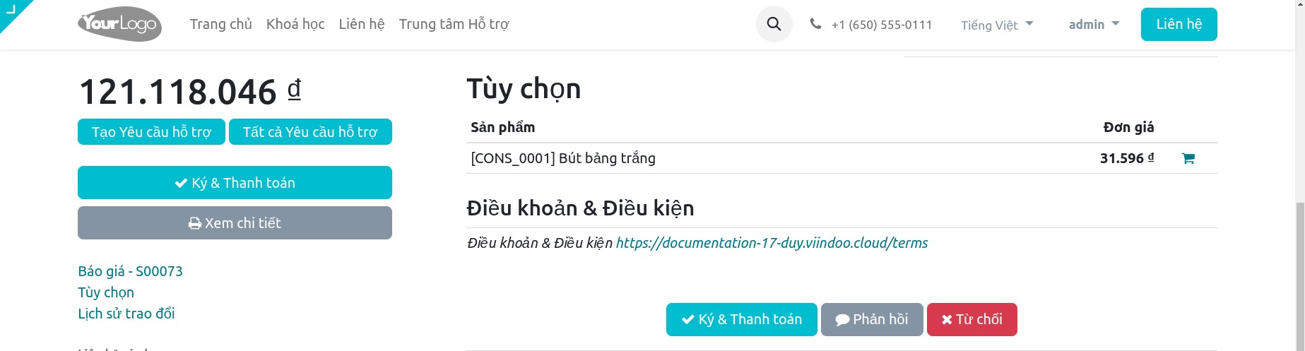 Báo giá online trên website Viindoo