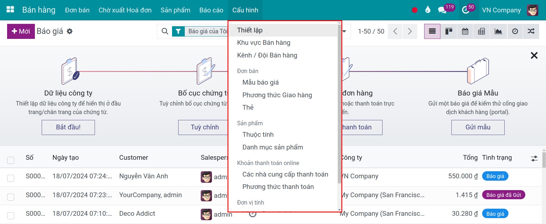 Cấu hình trong ứng dụng bán hàng - Viindoo