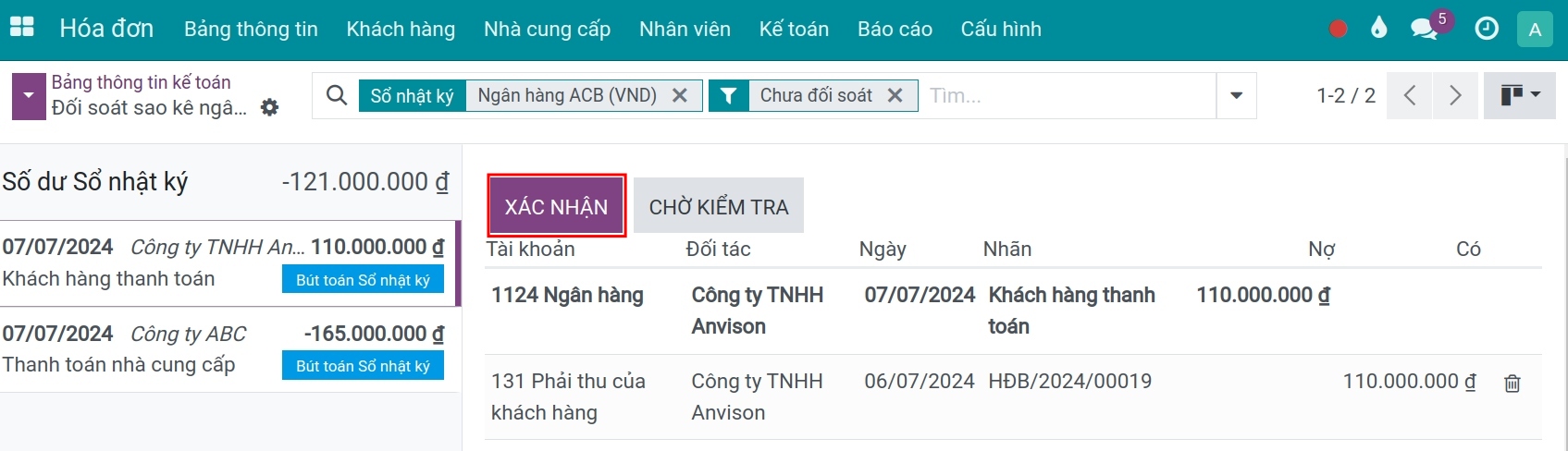 Đối soát sao kê ngân hàng - Phần mềm kế toán Viindoo