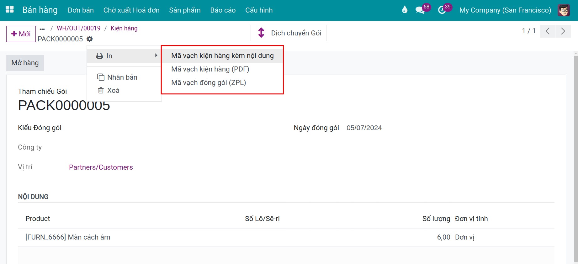 In mã vạch gói hàng trong Phần mềm quản lý kho của Viindoo