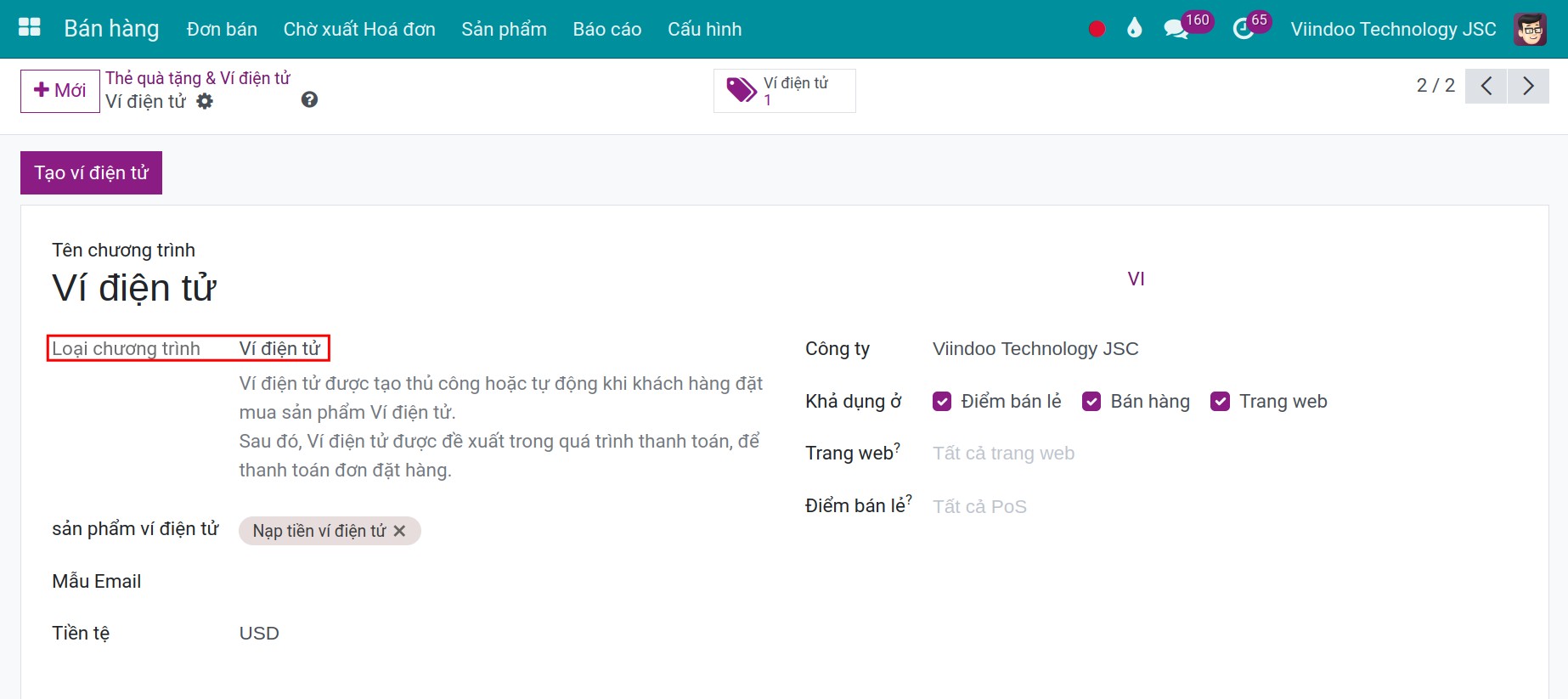 Tạo mới một chương trình ví điện tử trong phần mềm Viindoo