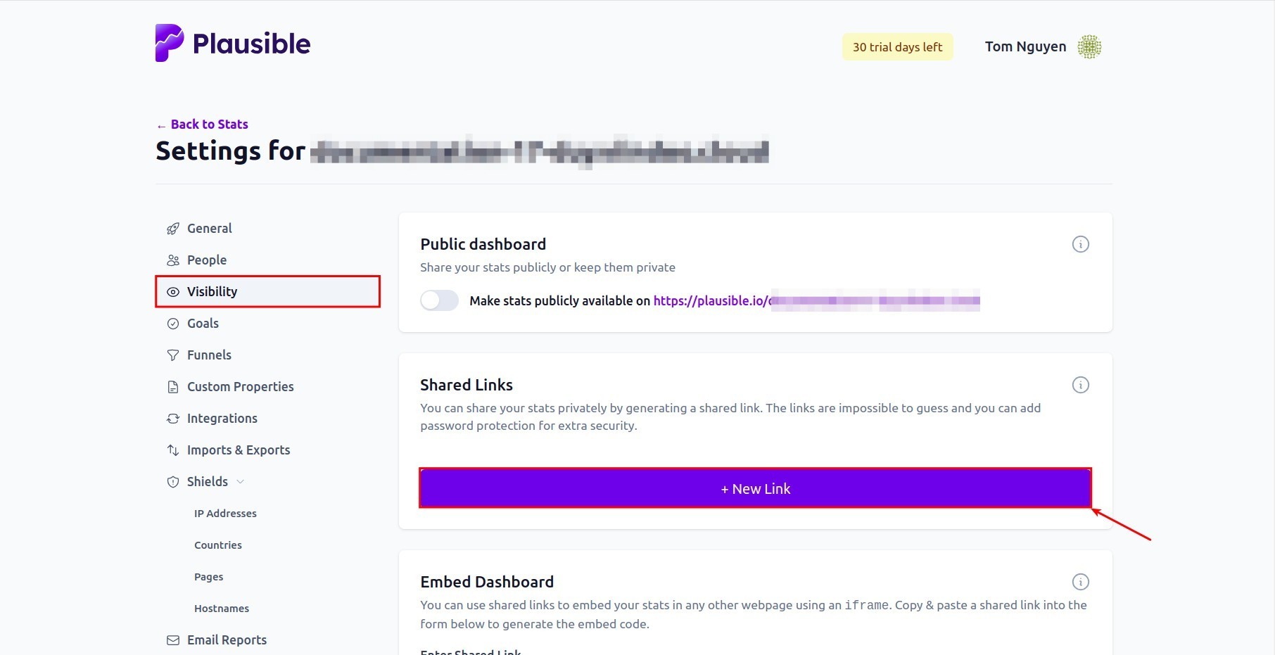 isibility section to New link