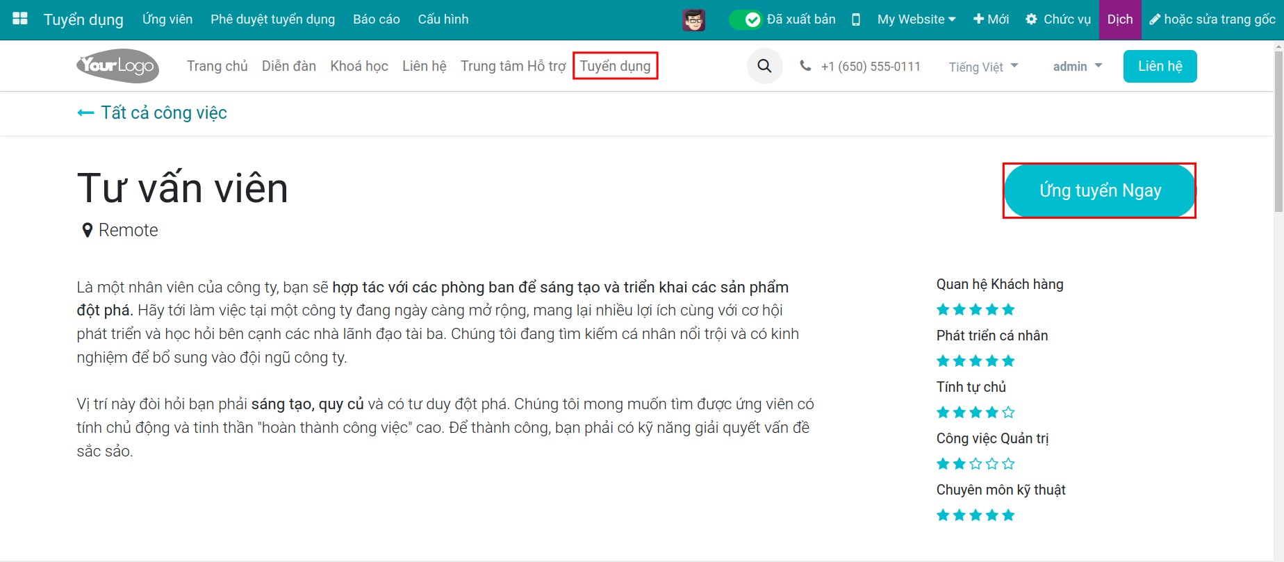 Bấm nút ứng tuyển trên website