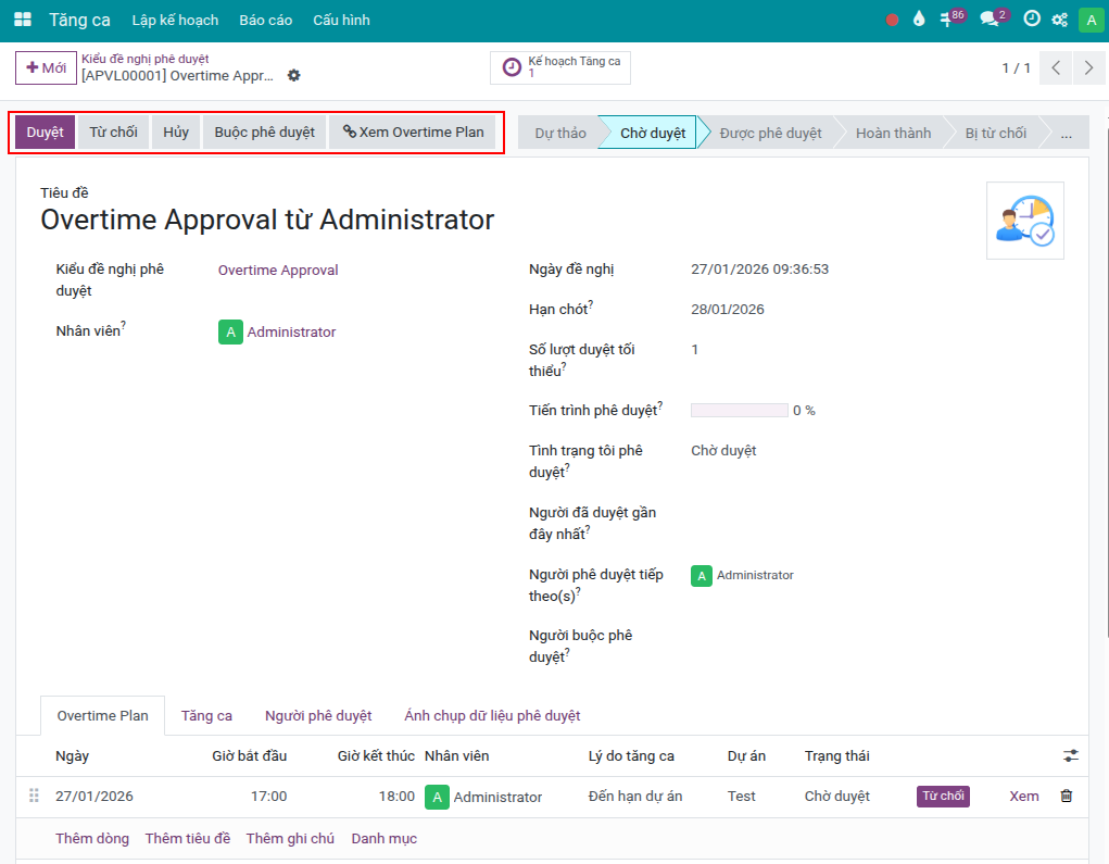 Phê duyệt tăng ca nghỉ bù