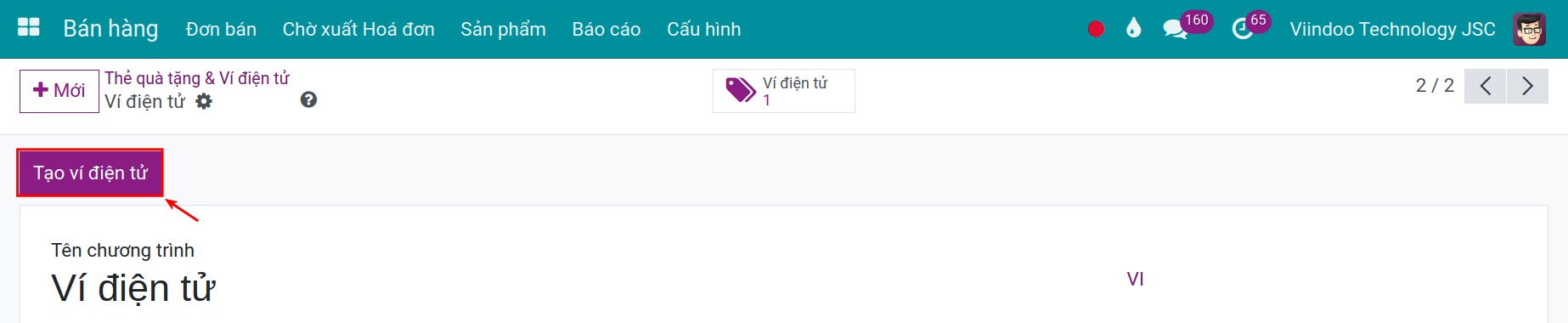 Tạo một ví điện tử mới trong Viindoo