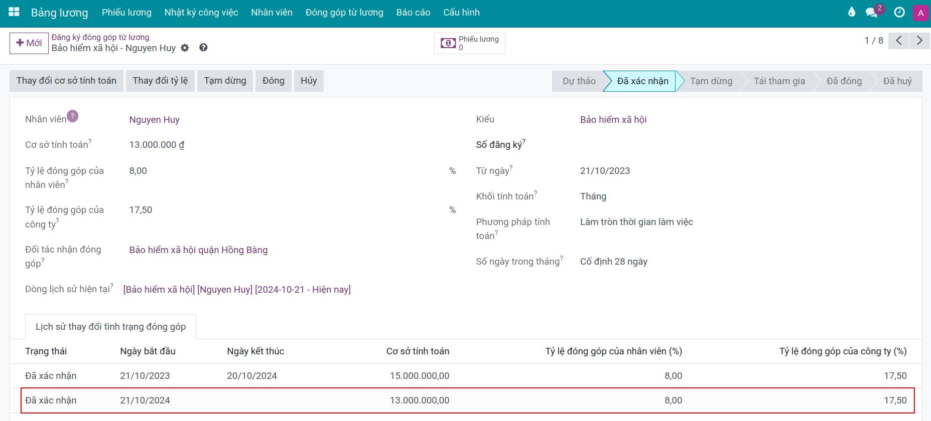 Hiển thị thay đổi cơ sở tính toán trên lịch sử thay đổi