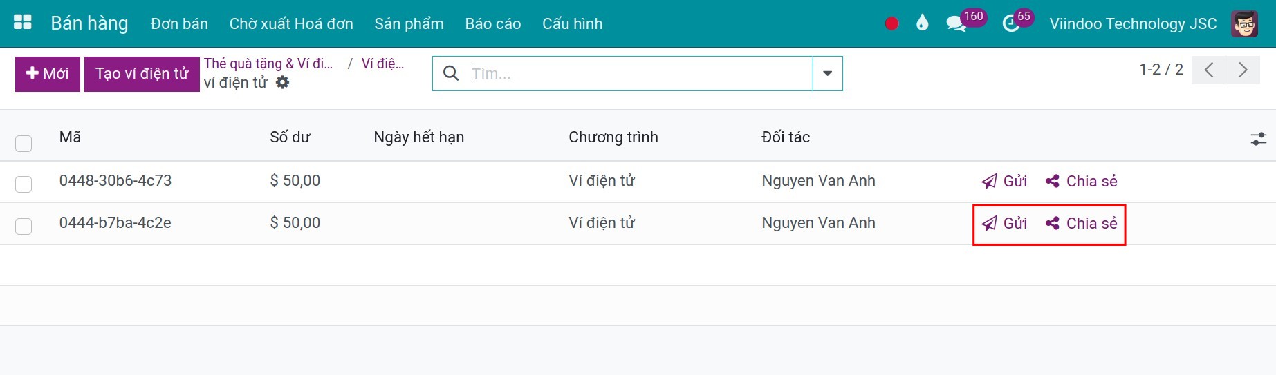 Gửi thông tin ví điện tử cho khách hàng trong Viindoo