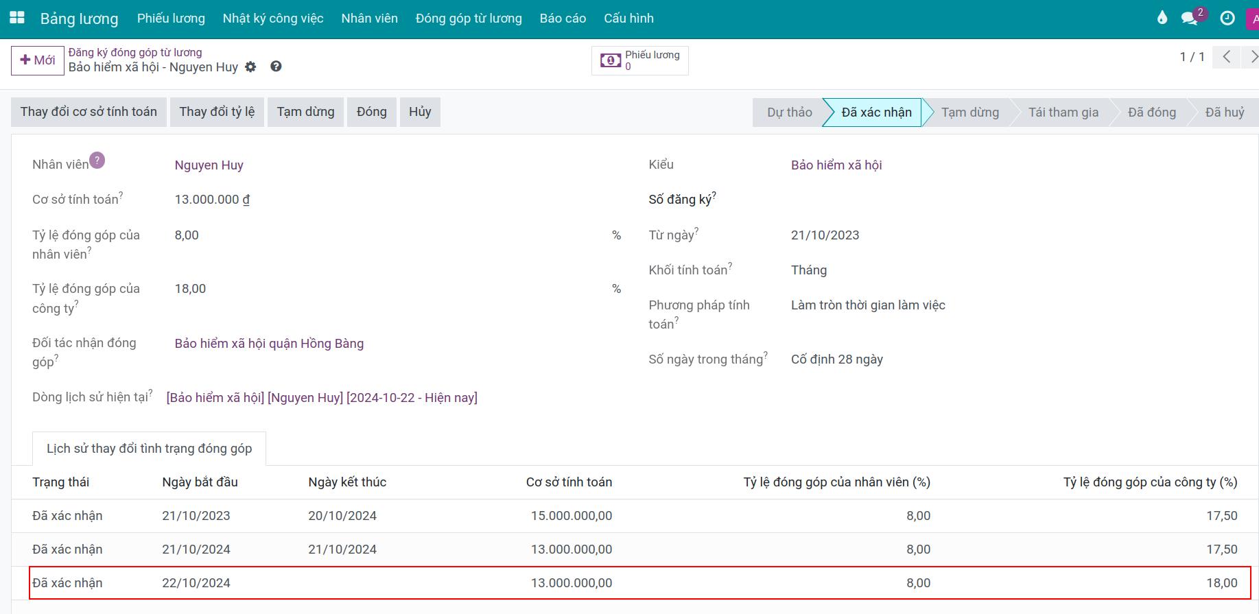 Hiển thị thay đổi tỷ lệ trên lịch sử thay đổi