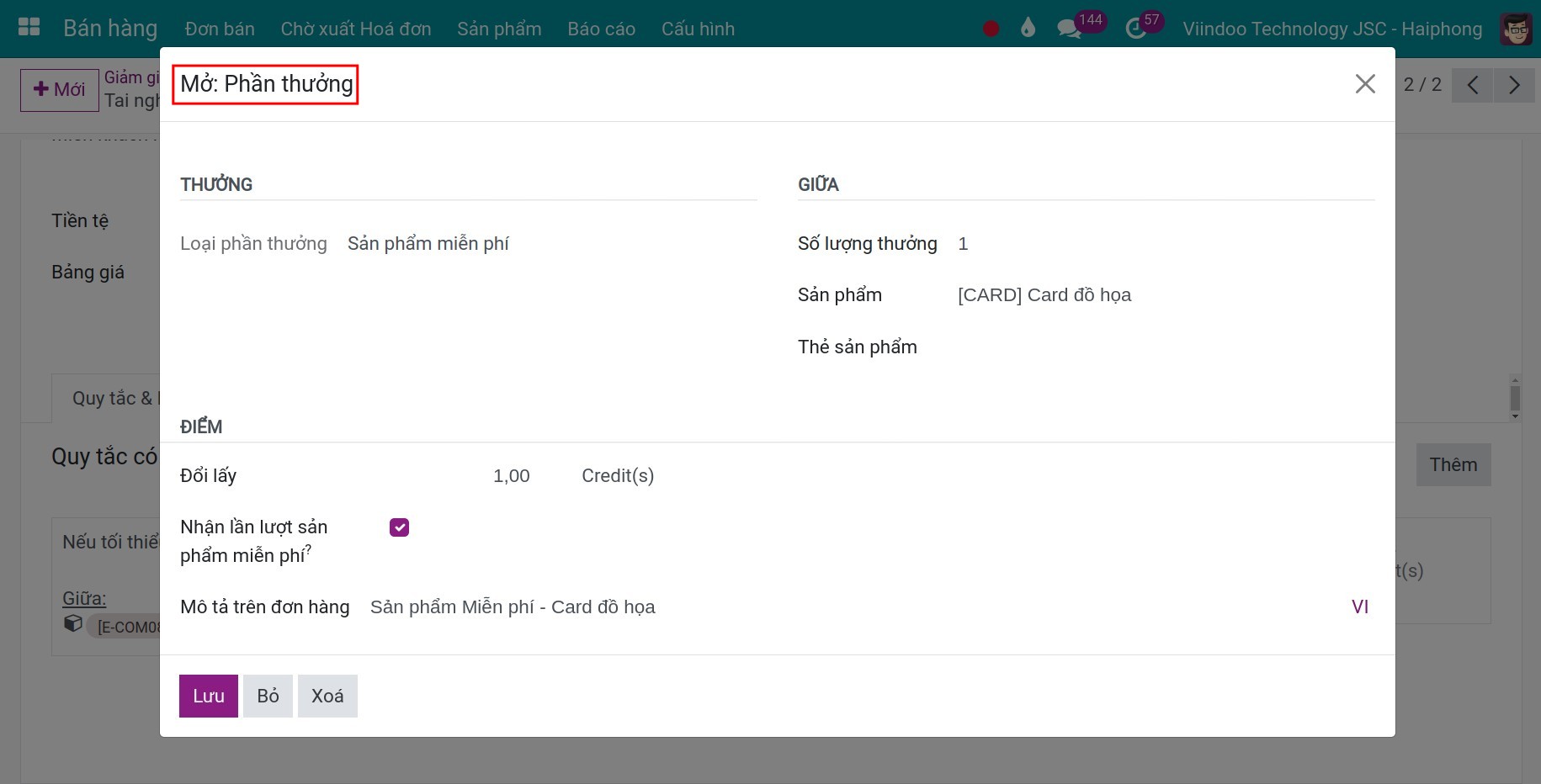 Thiết lập phần thưởng cho chương trình mua X tặng Y