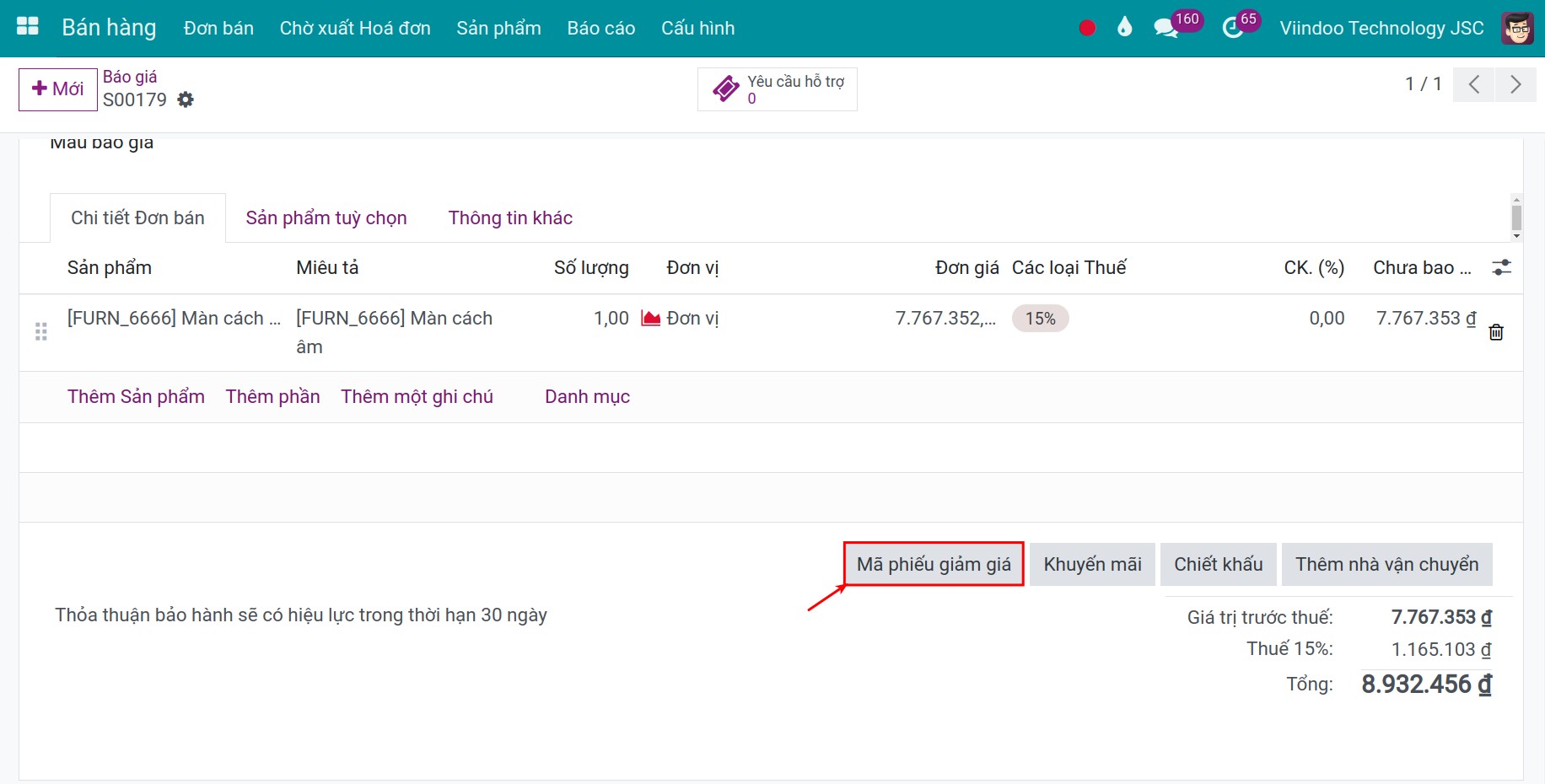 Nút mã giảm giá trên đơn bán trong Viindoo