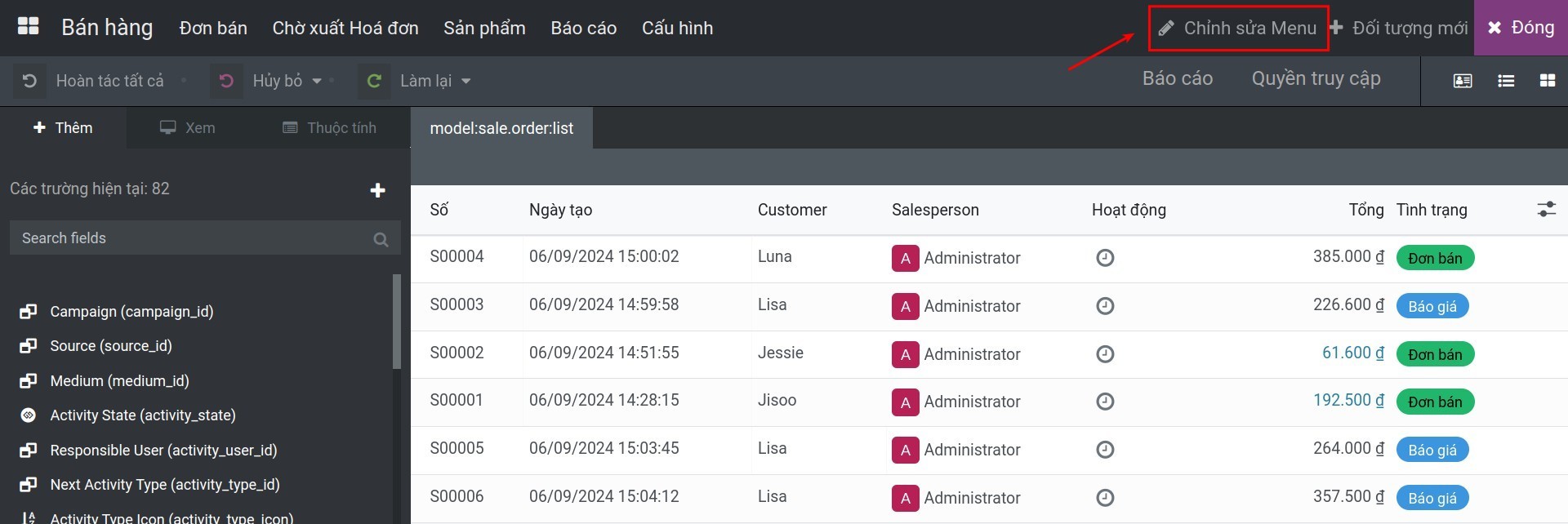Bấm nút chỉnh sửa menu