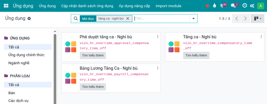 đã cài đặt tăng ca - nghỉ bù