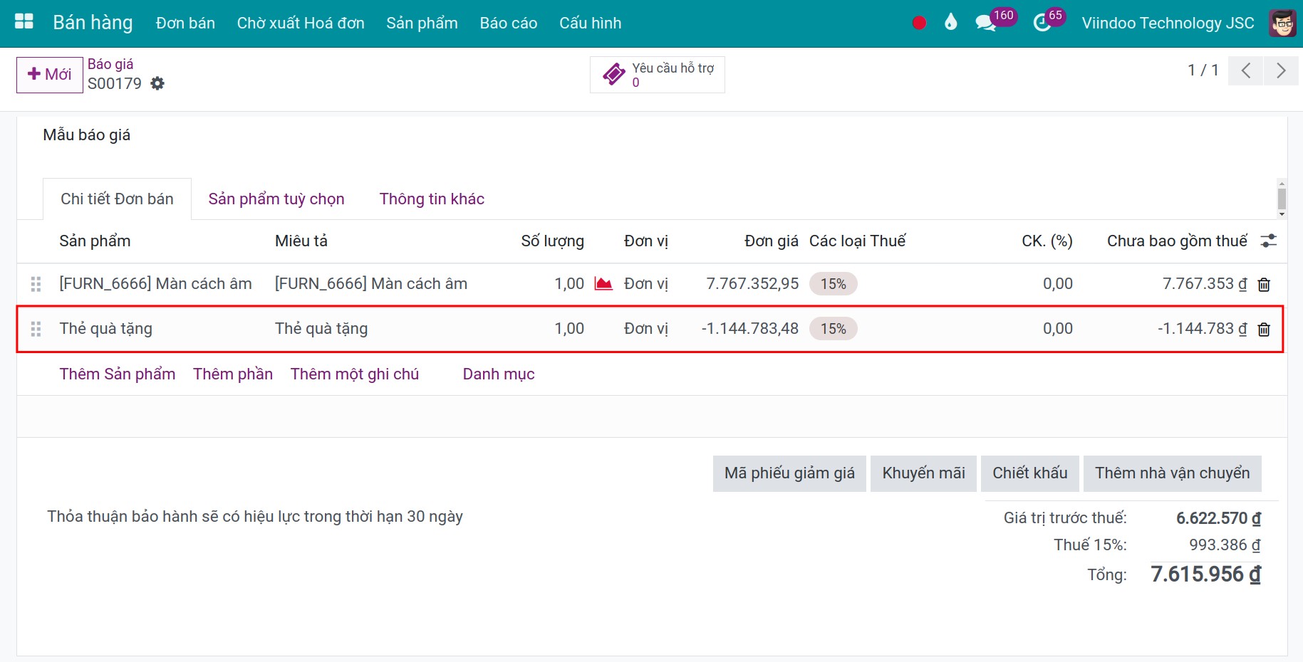 Đơn bán sau khi áp dụng thẻ quà tặng hoặc ví điện tử trong Viindoo