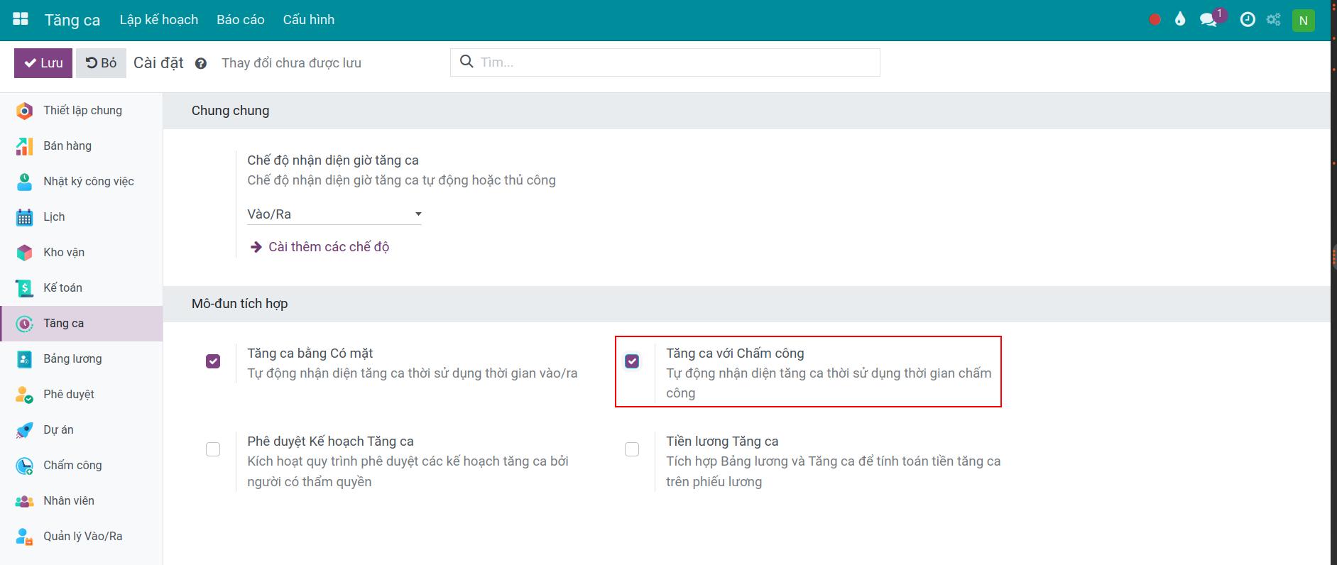 Kích hoạt Chấm công tăng ca