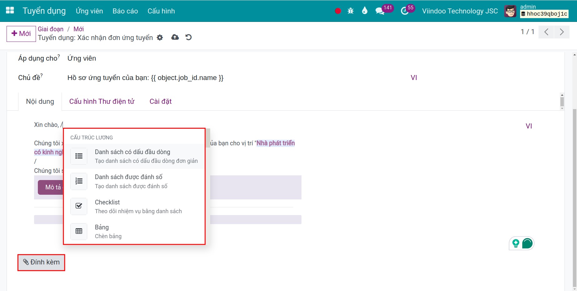 Tạo mẫu email tab nội dung, đính kèm