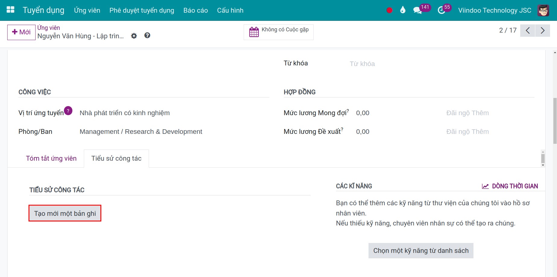 Tạo bản ghi mới cho sơ yếu lý lịch