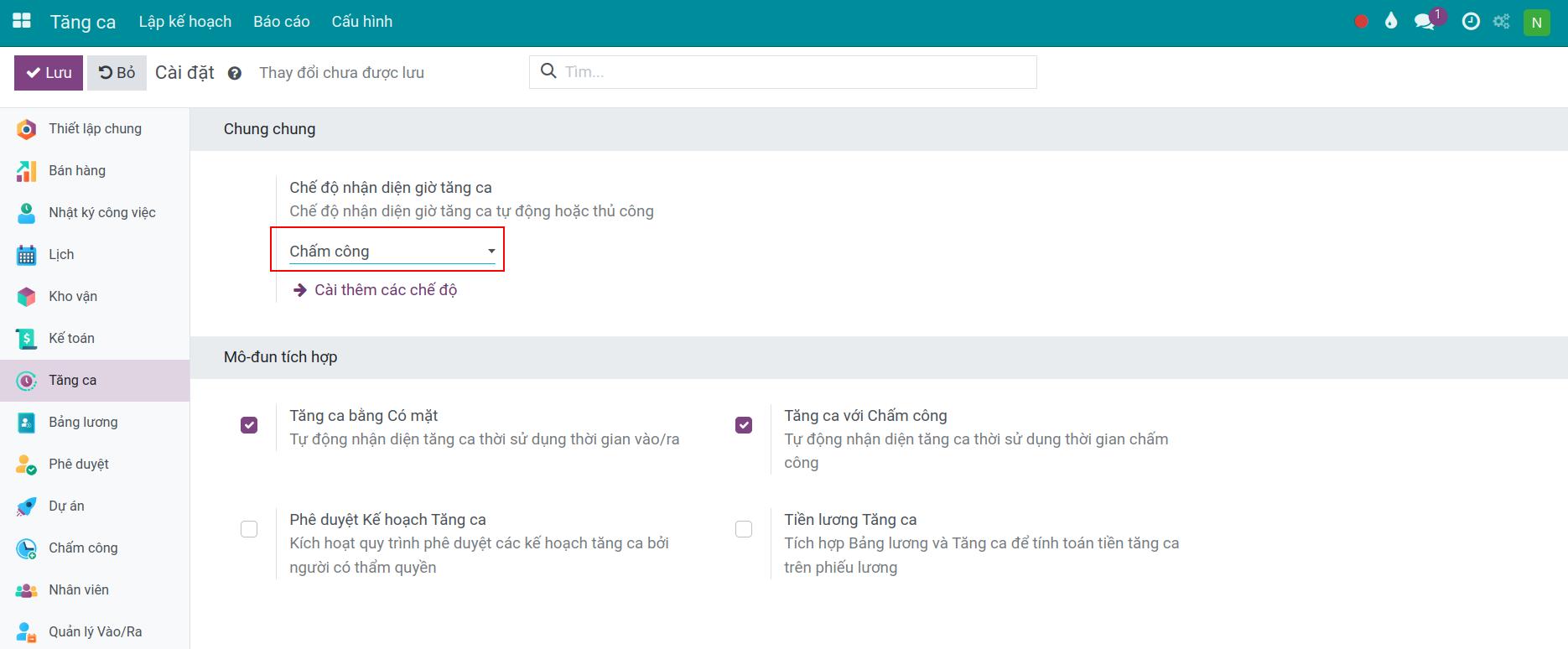Kích hoạt Chấm công tăng ca